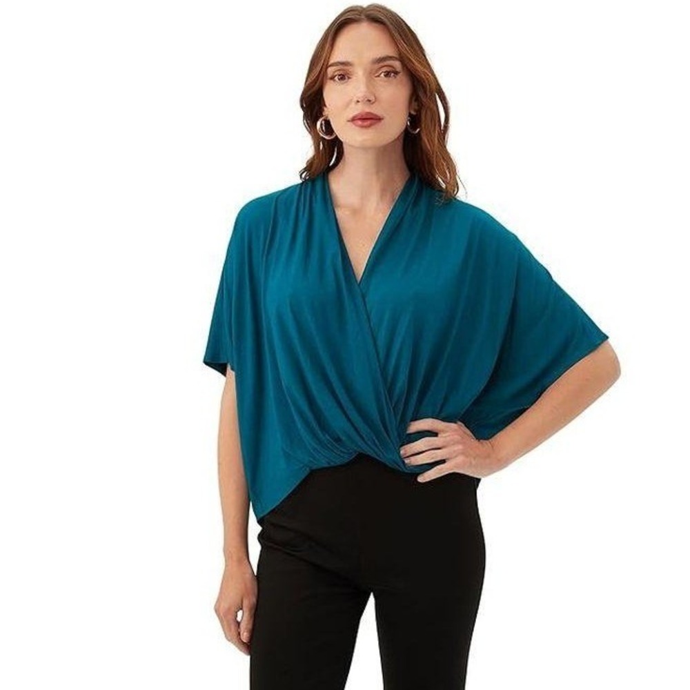 Trina Turk Concourse Top Pool Teal M/L Dolman Sleeve Wrap Draped Jersey Blouse